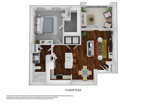 a stylized floor plan with a bedroom and living room